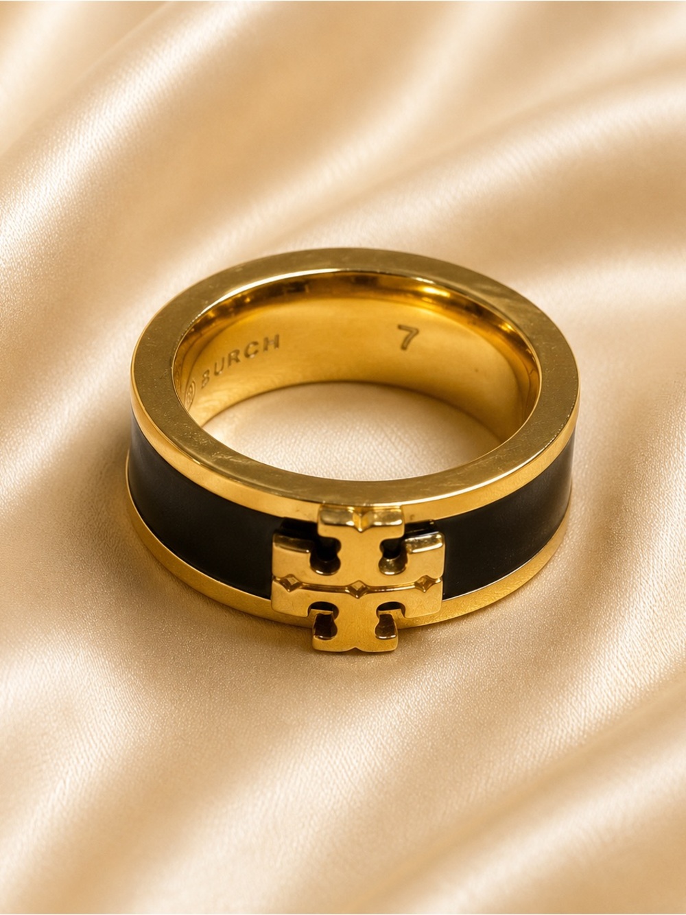 Discontinued style Tory Burch Black Enamel Double T Logo Wide Band Ring Size 7
